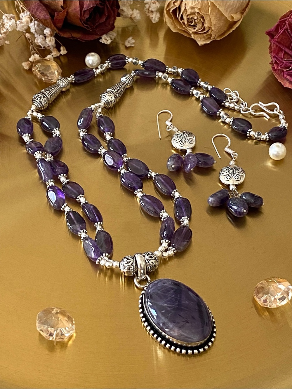 Double Strand Natural Amethyst Hand Crafted Necklace Earring Set